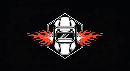 Graphic illustration of a welding helmet with flames, set against a black background.