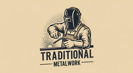 Illustration of a welder wearing a mask, working on metal with the text "Traditional Metalwork" below.