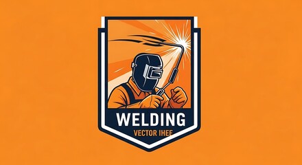 A welder wearing protective gear is shown welding metal, with sparks flying, in a stylized logo design.
