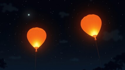 Two glowing orange balloons in the night sky.