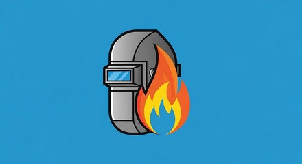 A stylized welding helmet, engulfed in flames, against a vibrant blue background.