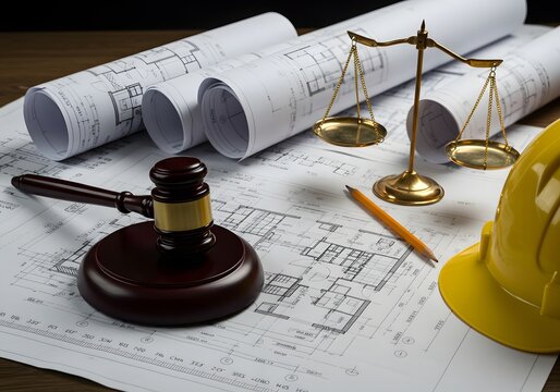 Construction Law and Regulations Blueprints, Scales of Justice, Gavel, Hardhat, and Pencil on Architectural Plans.