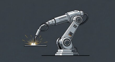 Robotic arm welding a metal piece, sparks flying. Industrial automation concept.