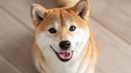 Adorable Shiba Inu dog with a happy expression, looking directly at the camera