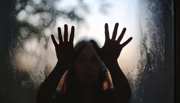 A child's silhouette, hands outstretched, looking out a frosted window, evoking a sense of longing or confinement.