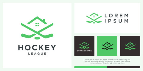 Ice hockey league logo design template with stick and house