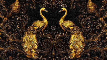 Ornate gold peacocks on a black background.
