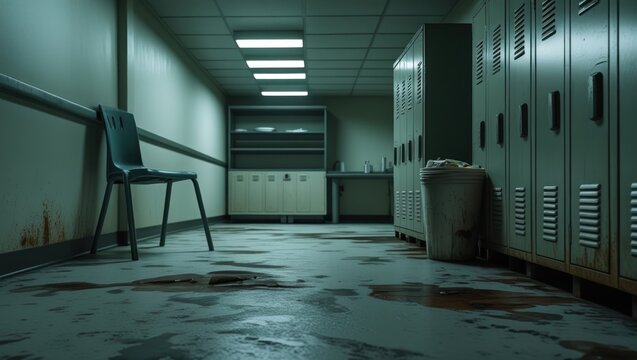 Empty corridor with lockers and a chair.