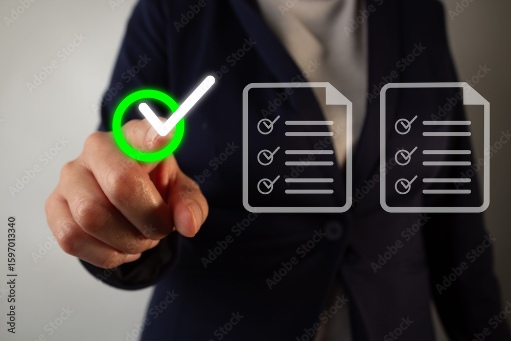 Poster businesswoman pointing forward at a check mark in a circle while documents with check marks and to-d