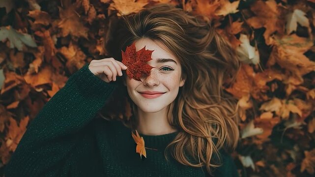 Beautiful model lying on autumn leaves and playing with maple leaf