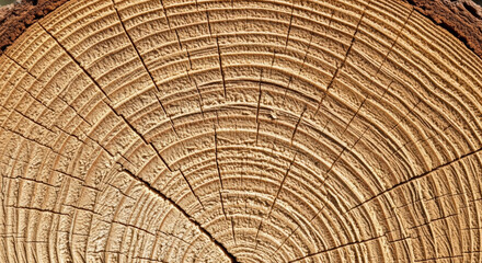Naklejka premium Close up of a tree stump showing the growth rings and texture of the wood in a detailed view