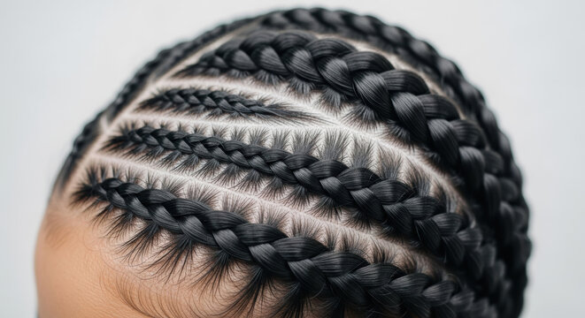A close up view showing the intricate cornrow braiding hairstyle with black hair on a white background