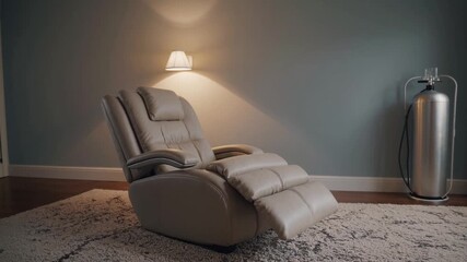 Comfortable reclining chair in dimly lit room with portable oxygen tank nearby and soft rug on the floor
