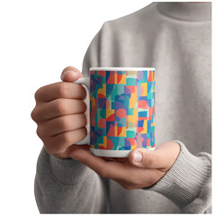 Person holding a white ceramic mug with a colorful, geometric abstract pattern of squares, circles, and triangles.