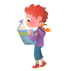 Smiling boy reading a book with bird and squirrel friends. Whimsical fairytale scene of imagination and story. Cute vector cartoon clip art illustration of children learning and education character.