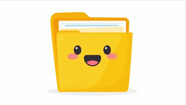An open yellow file folder with a cheerful face, filled with paper