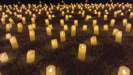 Artificial candles fill a grassy field at night