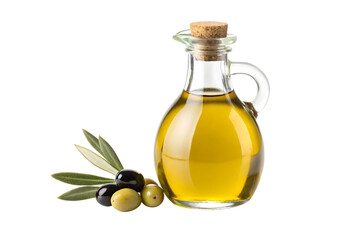 Olive oil in glass bottle alongside green leaves and black and green olives presents a natural and healthy culinary composition
