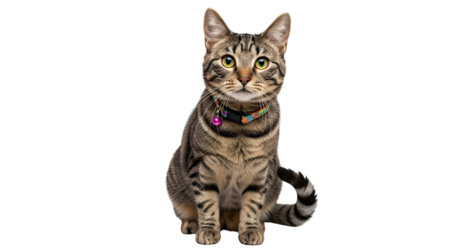 Tabby cat with collar sitting cute pet animal domestic feline on transparent background