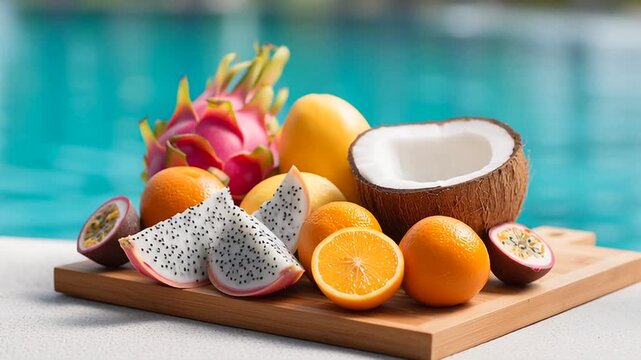 Tropical fruit plate featuring mango, orange, passion fruit, papaya and fresh coconut, served by the pool