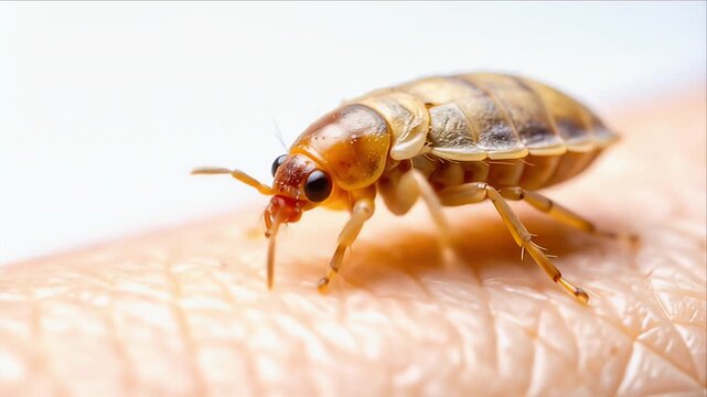 Close-up of a bedbug insect on human skin with blurred white background