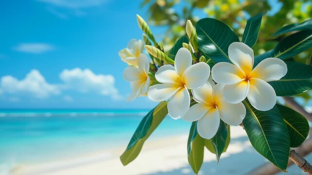 A blooming frangipani tree against the backdrop of a sandy beach and crystal clear turquoise ocean