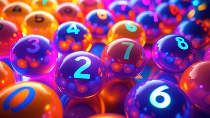 Colorful glossy lottery balls with vibrant numbers.