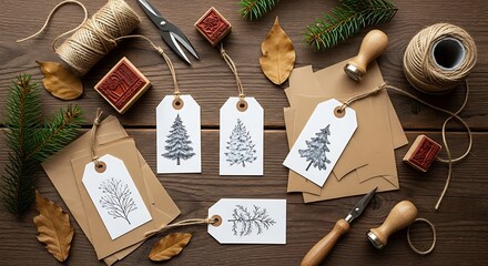 Christmas craft supplies and gift tags with evergreen tree designs on wooden background
