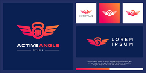 Active fitness logo design with angle wing and barbell