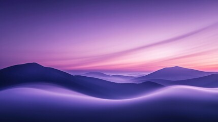 A serene mountain range unfolds under a dreamy purple sky, with soft clouds adding depth and a sense of tranquility to this landscape, perfect for backgrounds and scenic designs.