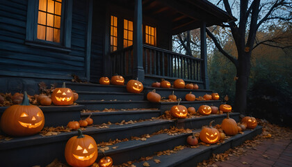 Glowing Halloween Pumpkins on Old Wooden Stairs with Autumn Leaves