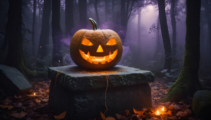 Magical Jack-o'-Lantern on Stone Pedestal in Misty Forest 