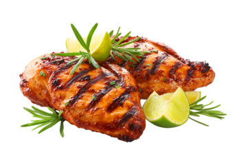 Delicious, sweet, and smoky grilled chicken with lime isolated on a transparent background