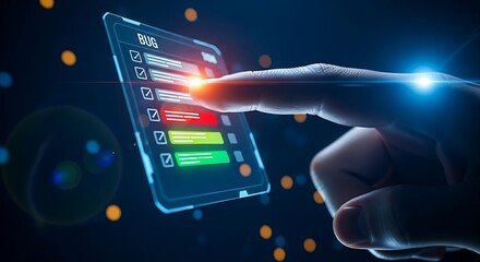 Bug tracking and software development concept. A programmer's finger checks off a single item on a holographic bug list, turning it from red to green.