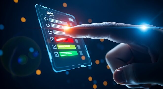 Bug tracking and software development concept. A programmer's finger checks off a single item on a holographic bug list, turning it from red to green.