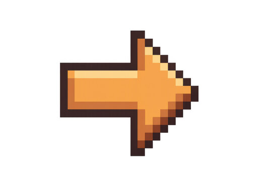 Gold pixel art arrow pointing to the right on a transparent background, ideal for web design, game development, and user interface design