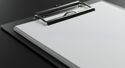 Clipboard with blank white paper, dark smooth background, focused lighting on metallic elements, minimalistic style.