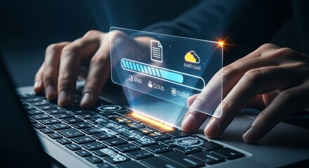 Cloud upload concept. A clean holographic progress bar floats above a laptop keyboard, showing a file being successfully transferred to the cloud.