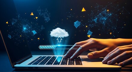 Cloud upload concept. A clean holographic progress bar floats above a laptop keyboard, showing a file being successfully transferred to the cloud.