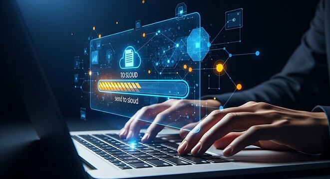 Cloud upload concept. A clean holographic progress bar floats above a laptop keyboard, showing a file being successfully transferred to the cloud.