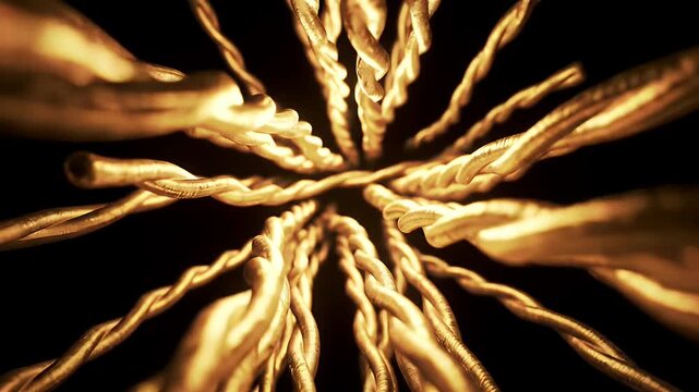 Abstract Golden Ropes in a Spiral Fiber Optics Twisted on Dark Background Close Up