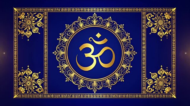 Golden Om symbol in a ornate frame on a blue backdrop