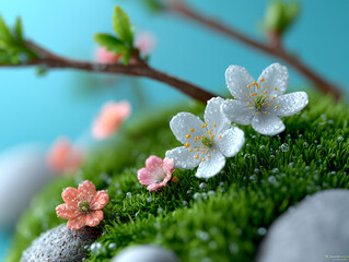 Flowers and Moss with Water Droplets