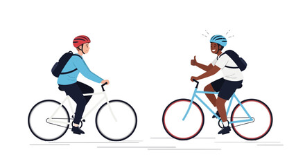 Obraz premium Two cyclists, one giving a thumbs up, ride bicycles with backpacks on a white background.