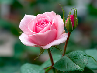 Pink Rose Blossom with Bud and Green Leaves