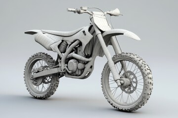 Obraz premium A detailed gray scale model of a dirt bike with knobby tires on a light gray seamless background