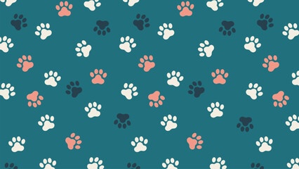Seamless multi-color paw print pattern on dark teal. Playful pet background, great for fun animal designs