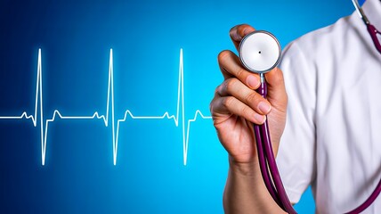Doctor hand holding stethoscope in front of heartbeat ecg graph on blue background for healthcare concept
