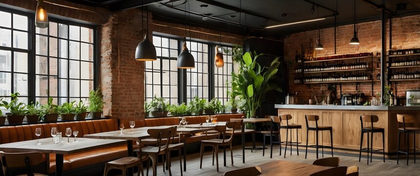 Warm and stylish restaurant with exposed ceilings and modern seating, Cozy urban café interior, Trendy café interior, Modern coffee shop, Rustic style café