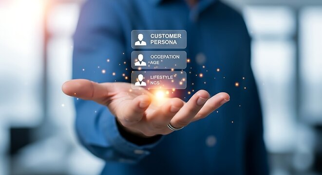 Customer persona creation concept. A marketer's hand views a single, minimal holographic customer profile with a few key highlighted traits.